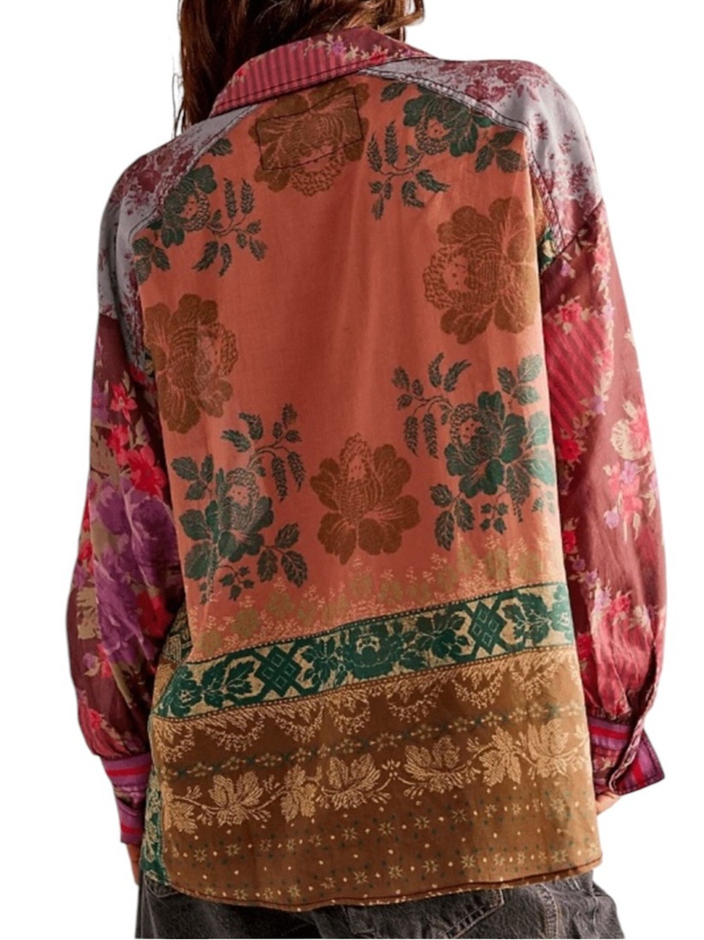 Free People Flower Patch Mixed Media Patchwork Button Down Floral Top Blouse XL - Picture 9 of 11